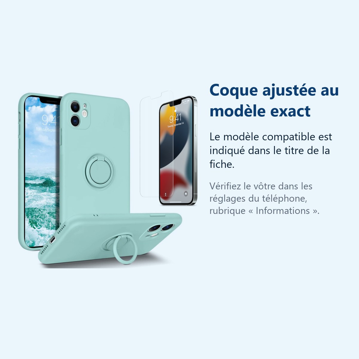 Accessoire ajusté au modèle exact – Coque Silicone Pour iPhone 12 Couleur Vert Avec Anneau Support + Verre Trempe Protection
