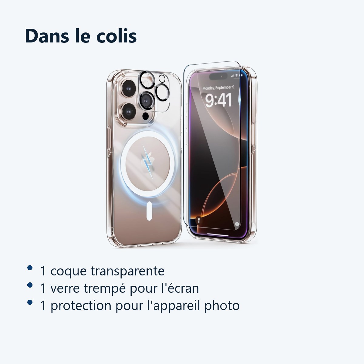 Contenu du colis – Coque Silicone Transparente Compatible Magsafe + Verre Trempes et Protection Camera Arriere Pour iPhone 16