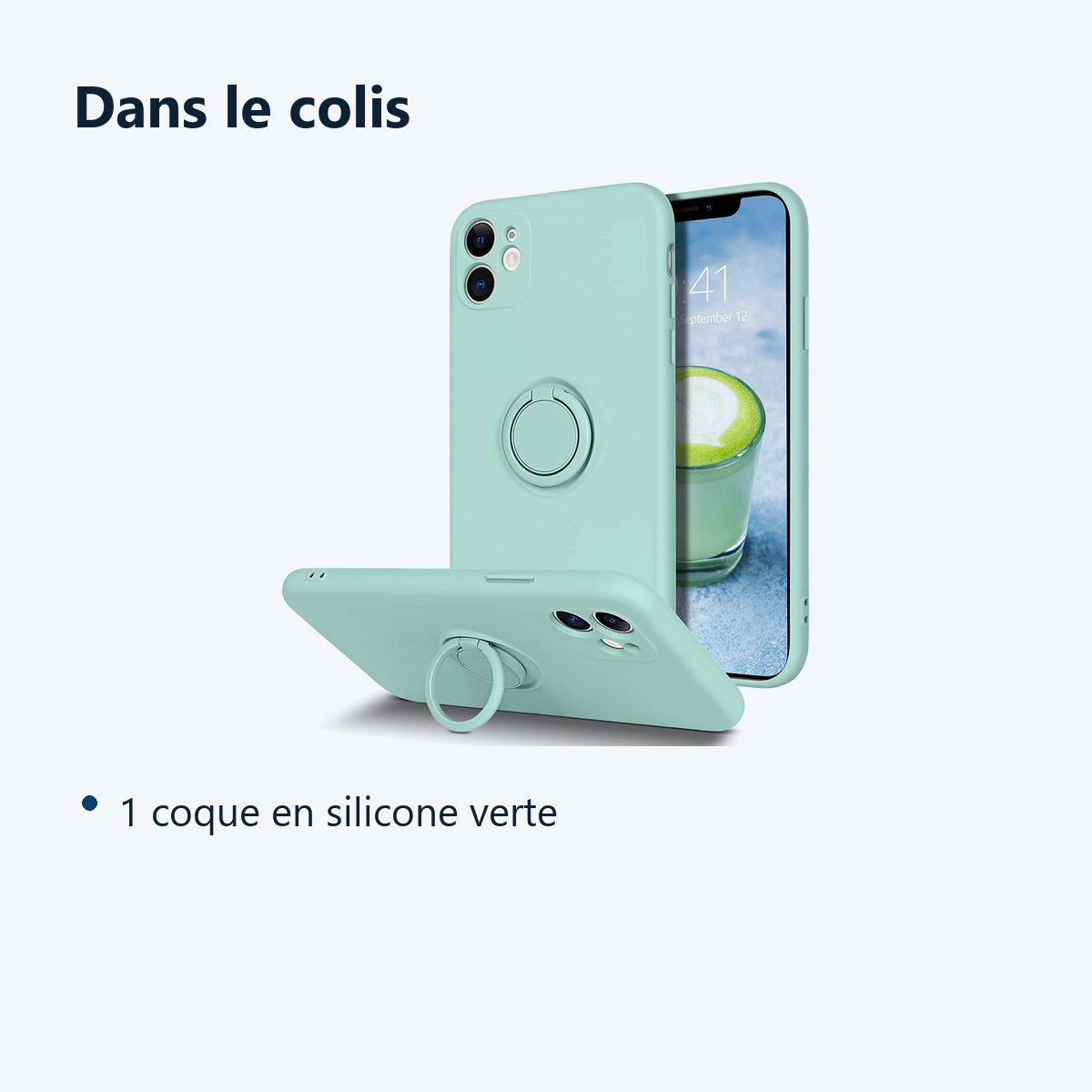 Contenu du colis – Coque Silicone Pour iPhone 11 Couleur Vert Avec Anneau Support