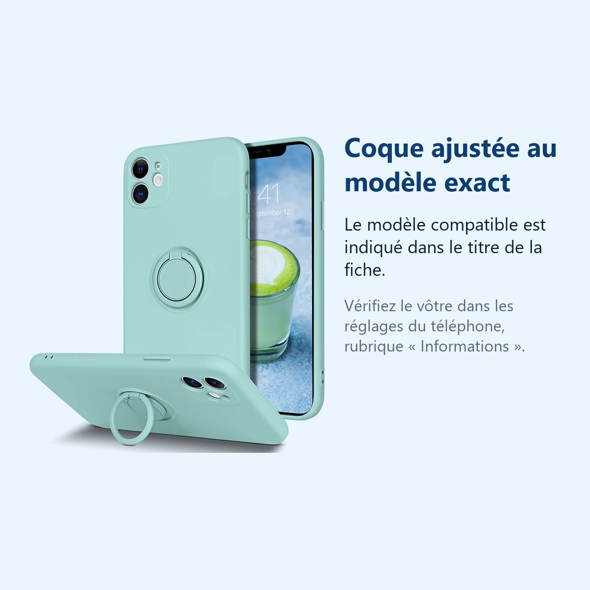 Accessoire ajusté au modèle exact – Coque Silicone Pour iPhone 11 Couleur Vert Avec Anneau Support