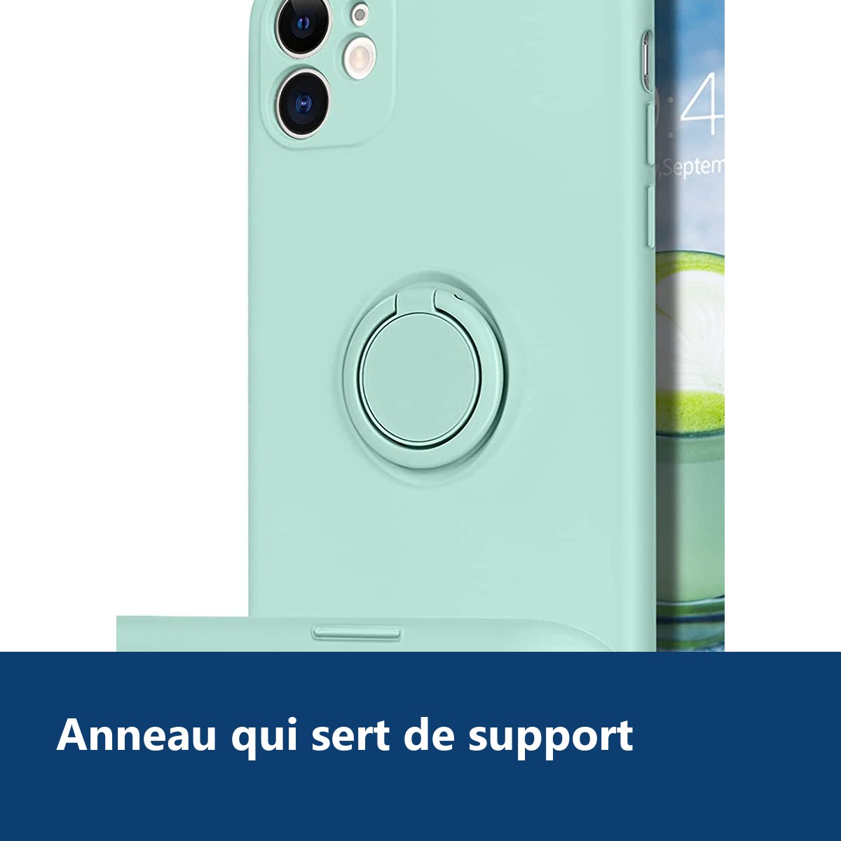 Vue de détail – Coque Silicone Pour iPhone 11 Couleur Vert Avec Anneau Support