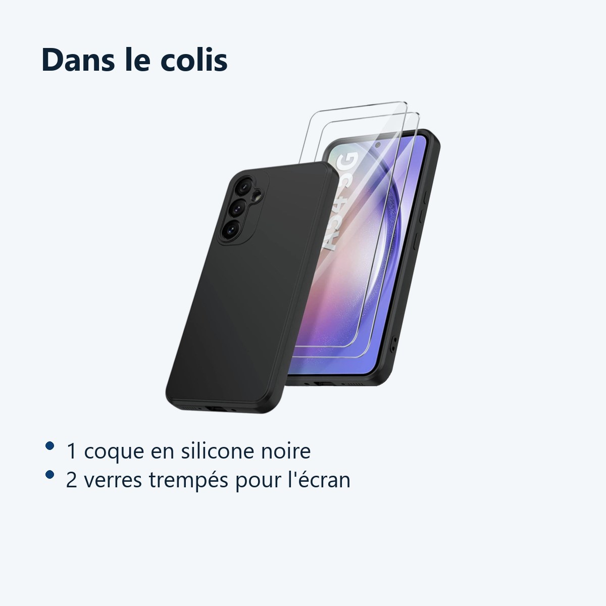Contenu du colis – Coque Silicone Noir + 2 Verres Trempes Pour Samsung Galaxy A54 5G