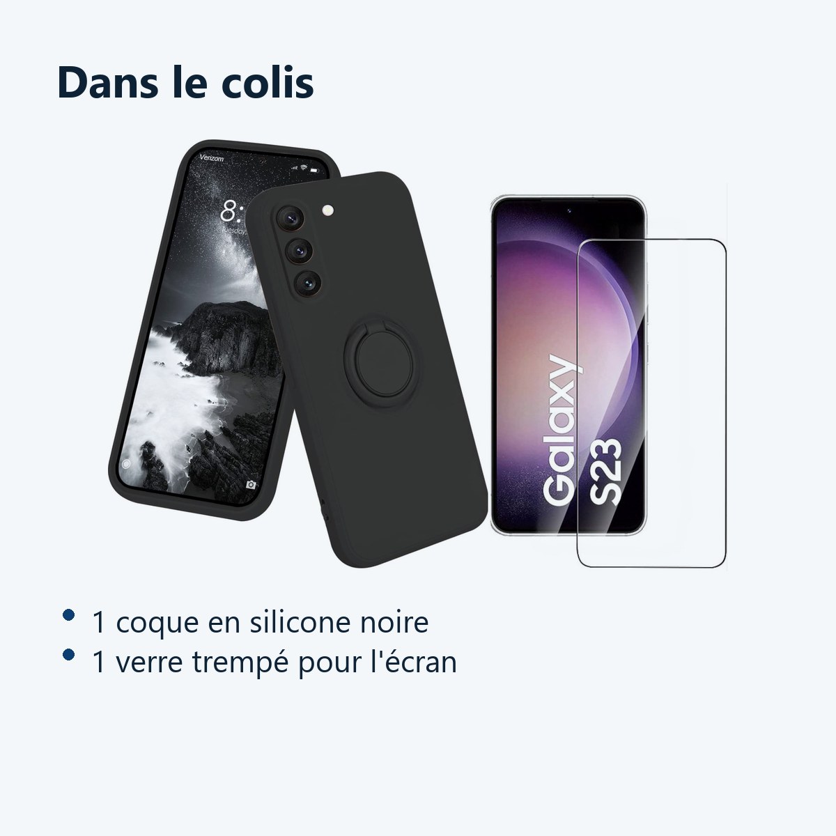 Contenu du colis – Coque Silicone Pour Samsung S23 5G Couleur Noir Avec Anneau Support + Verre Trempe Protection Ecran