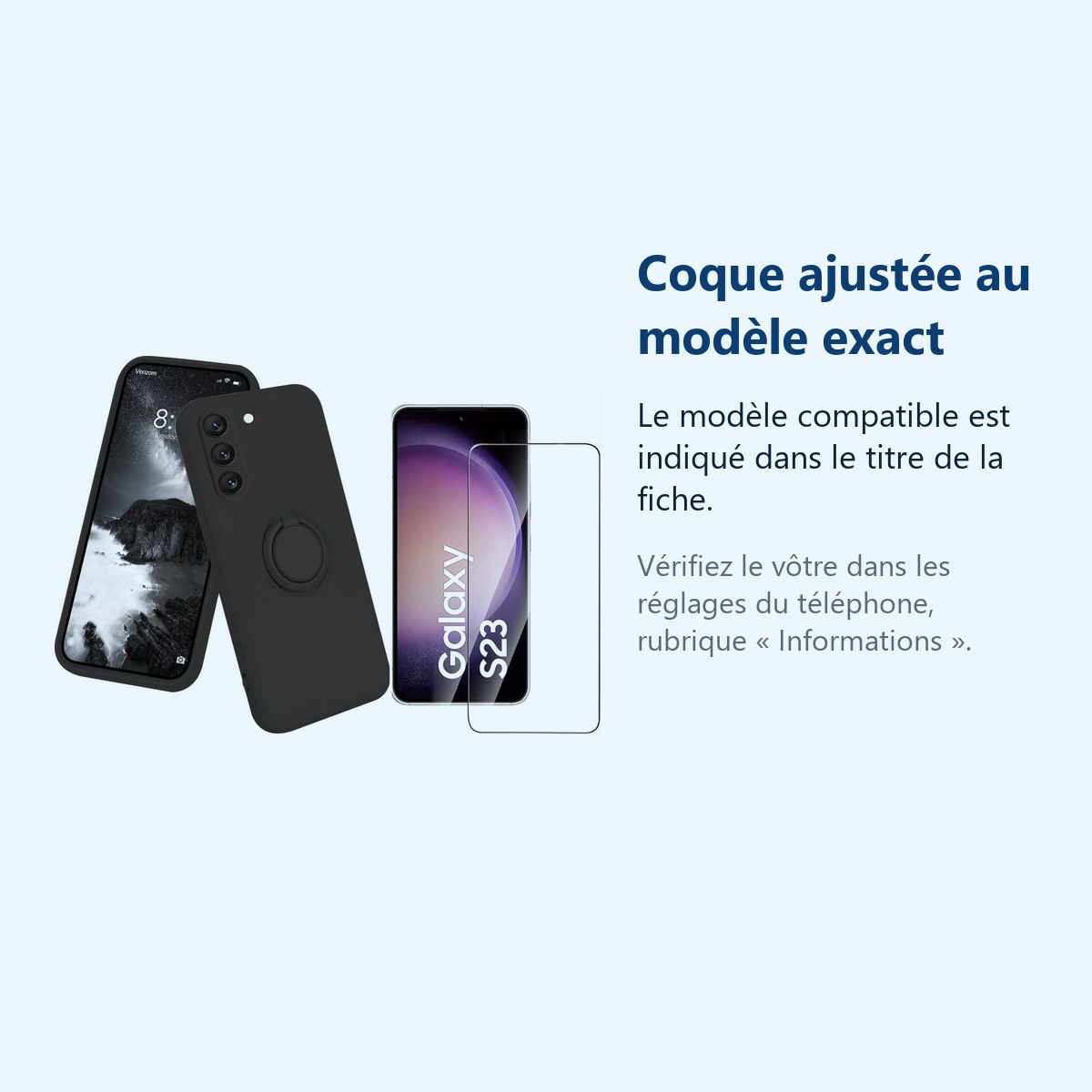 Accessoire ajusté au modèle exact – Coque Silicone Pour Samsung S23 5G Couleur Noir Avec Anneau Support + Verre Trempe Protec