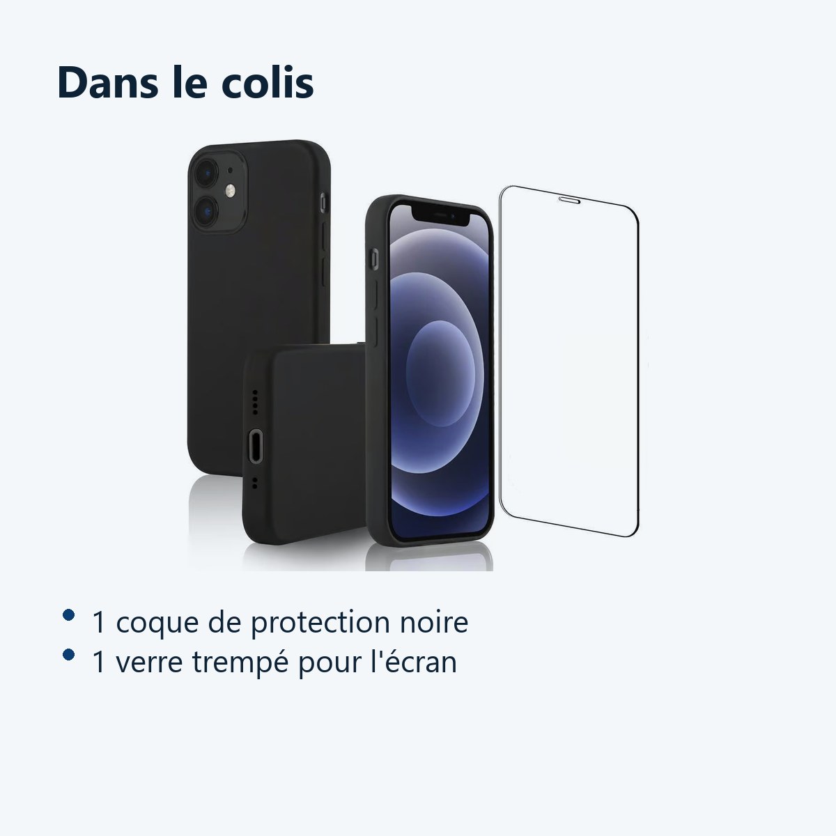 Contenu du colis – Coque Noir pour iPhone 12 Mini (5,4 pouces) et Verre Trempé Film Protection Ecran