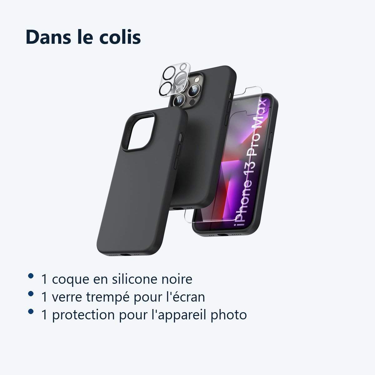 Contenu du colis – Coque Silicone Noir + Verre Trempe et Protection Camera Arriere Pour iPhone 13 Pro Max