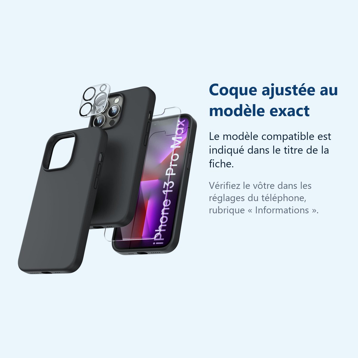 Accessoire ajusté au modèle exact – Coque Silicone Noir + Verre Trempe et Protection Camera Arriere Pour iPhone 13 Pro Max