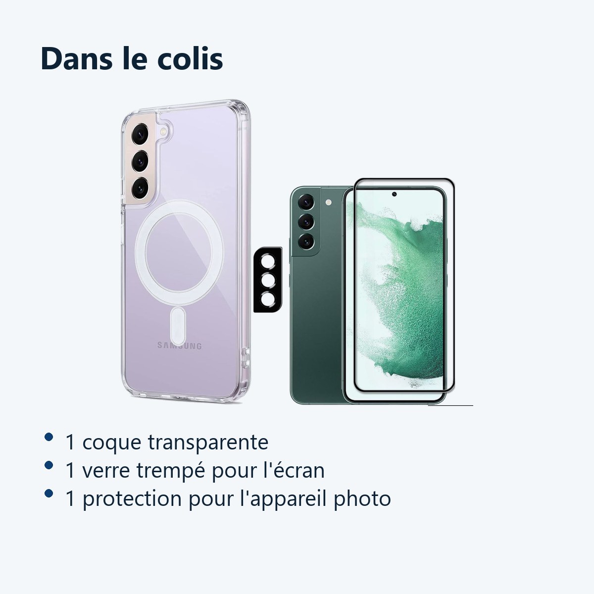 Contenu du colis – Coque Silicone Transparente Compatible Magsafe + Verre Trempes et Protection Camera Arriere Pour Samsung G