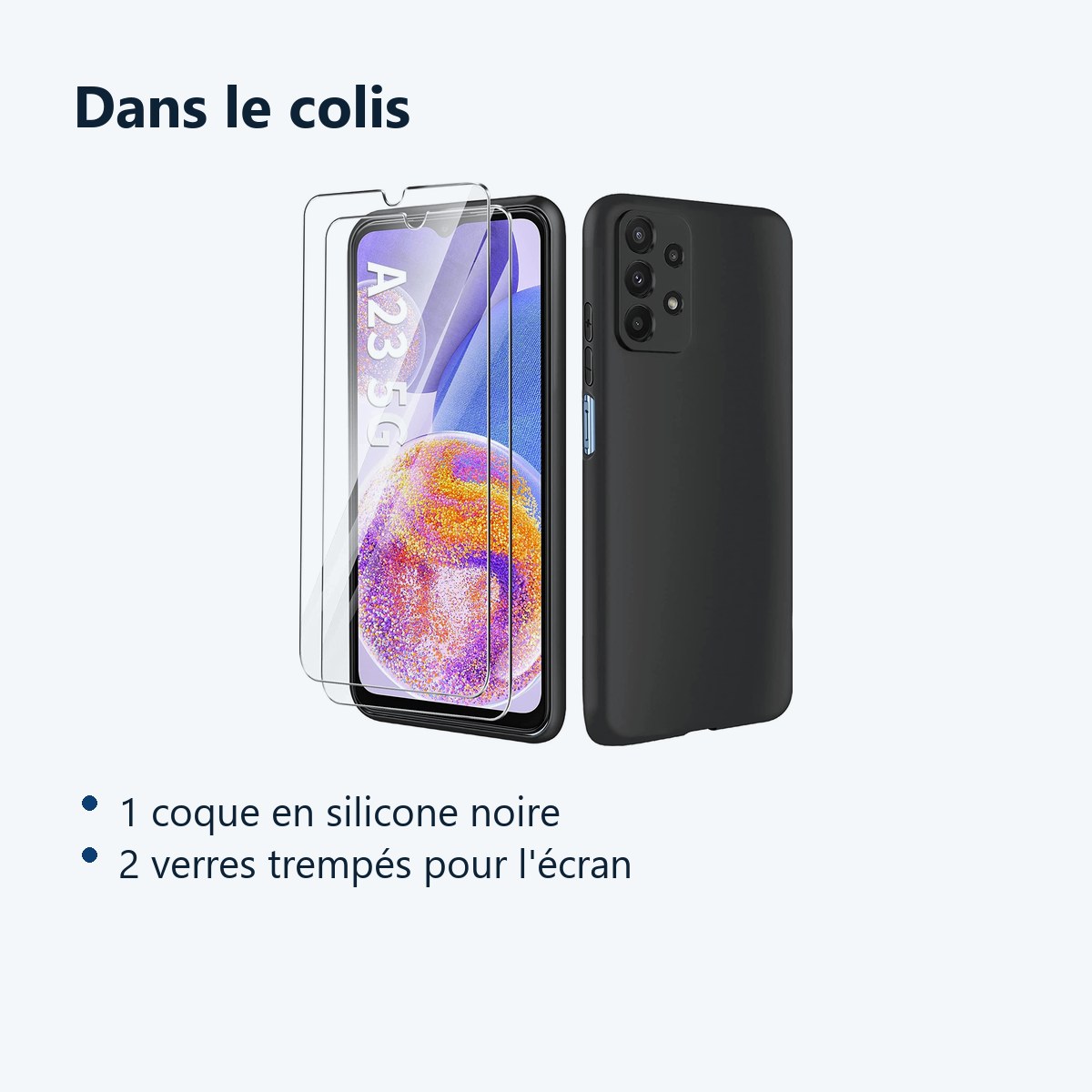 Contenu du colis – Coque Silicone Noir + 2 Verres Trempes Pour Samsung A23 5G
