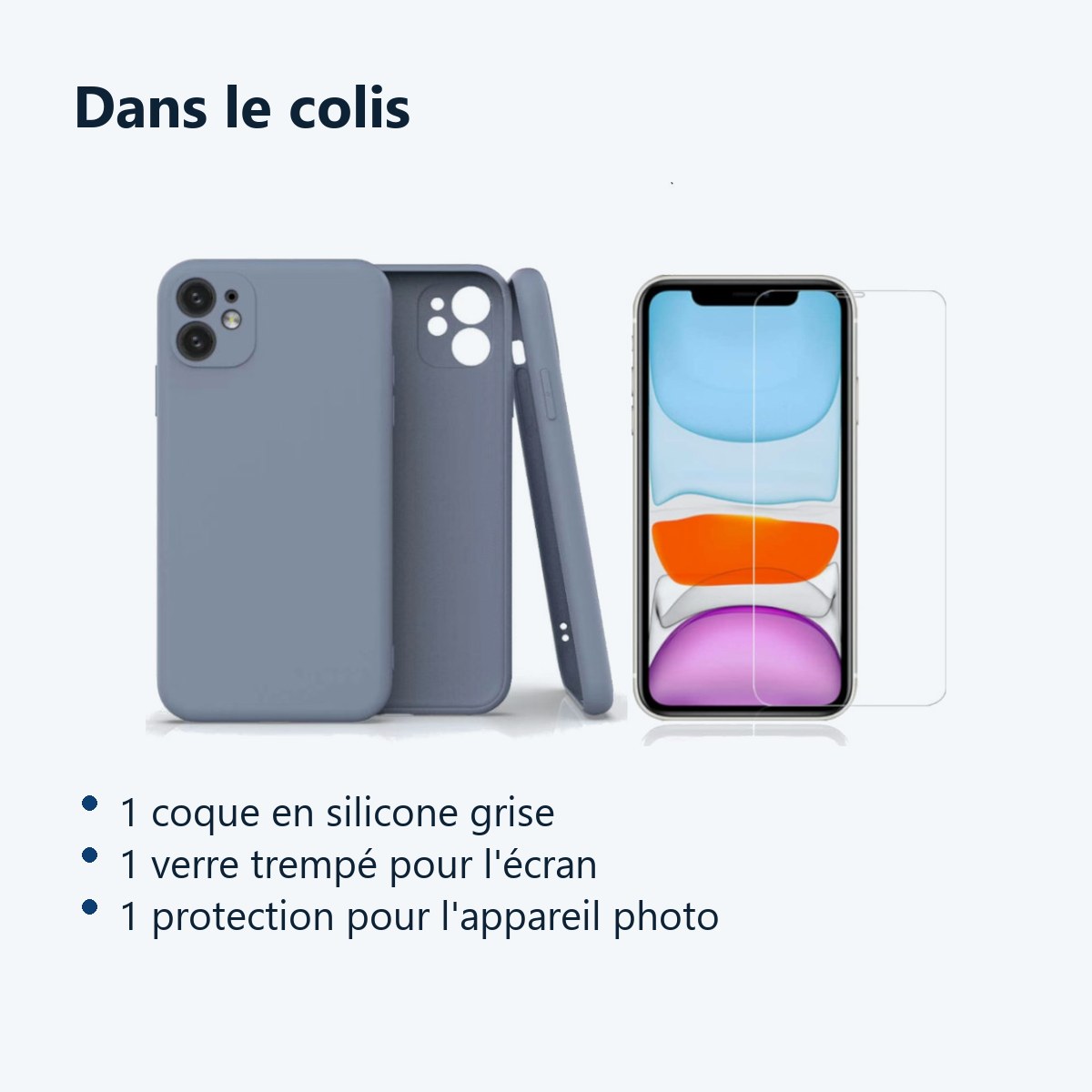 Contenu du colis – Coque Silicone Pour iPhone 12 / iPhone 12 Pro Couleur Gris Protection Objectif Appareil Photo + Verre Trem