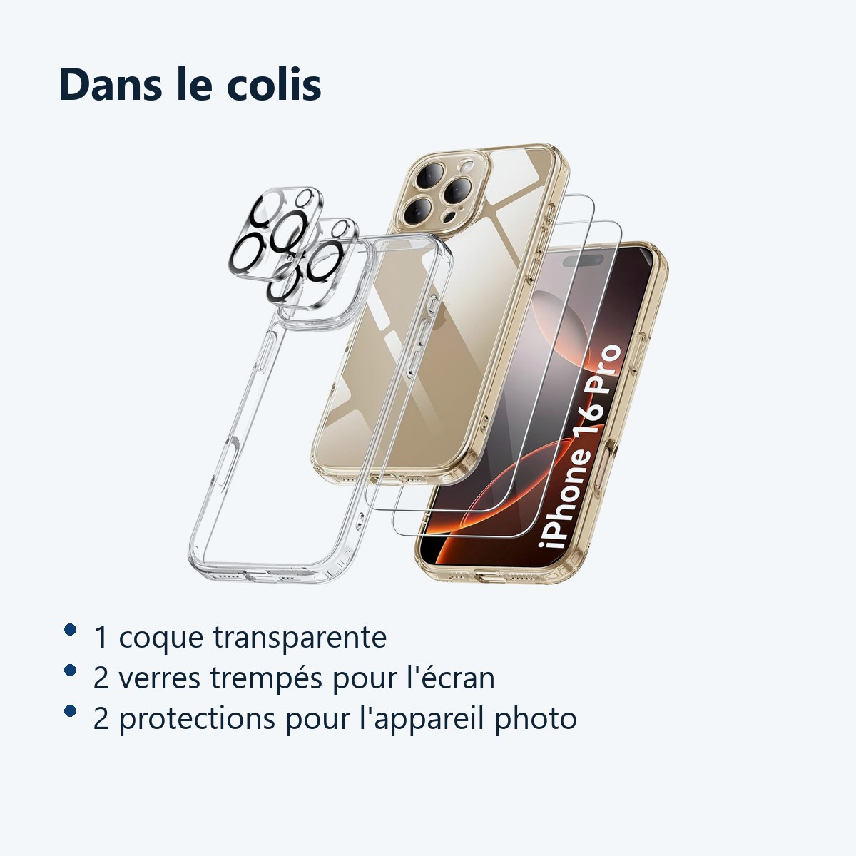 Contenu du colis – Coque Silicone Transparente + Verres Trempes et Protections Camera Arriere X2 Pour iPhone 16 Pro
