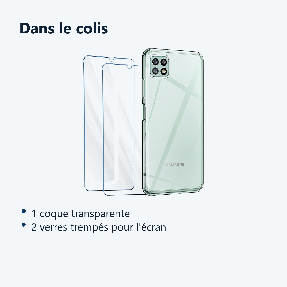 Contenu du colis – Coque Silicone Transparente + 2 Verres Trempes Pour Samsung A22 4G