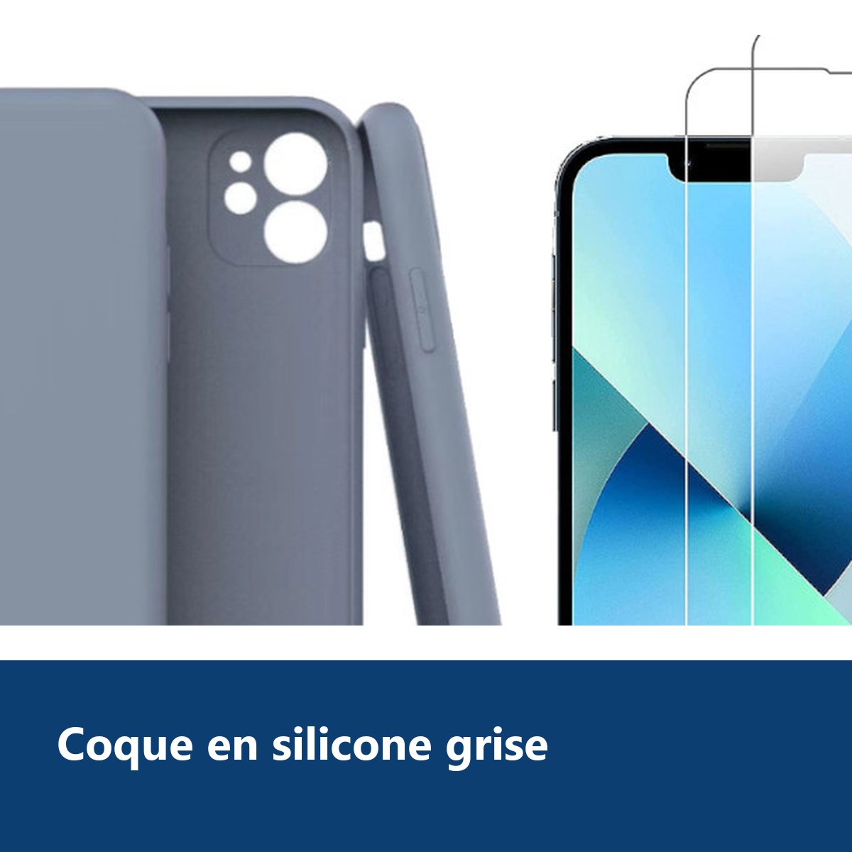 Vue de détail – Coque Silicone Pour iPhone 12 / iPhone 12 Pro Couleur Gris Protection Objectif Appareil Photo + 2 Verres Trem