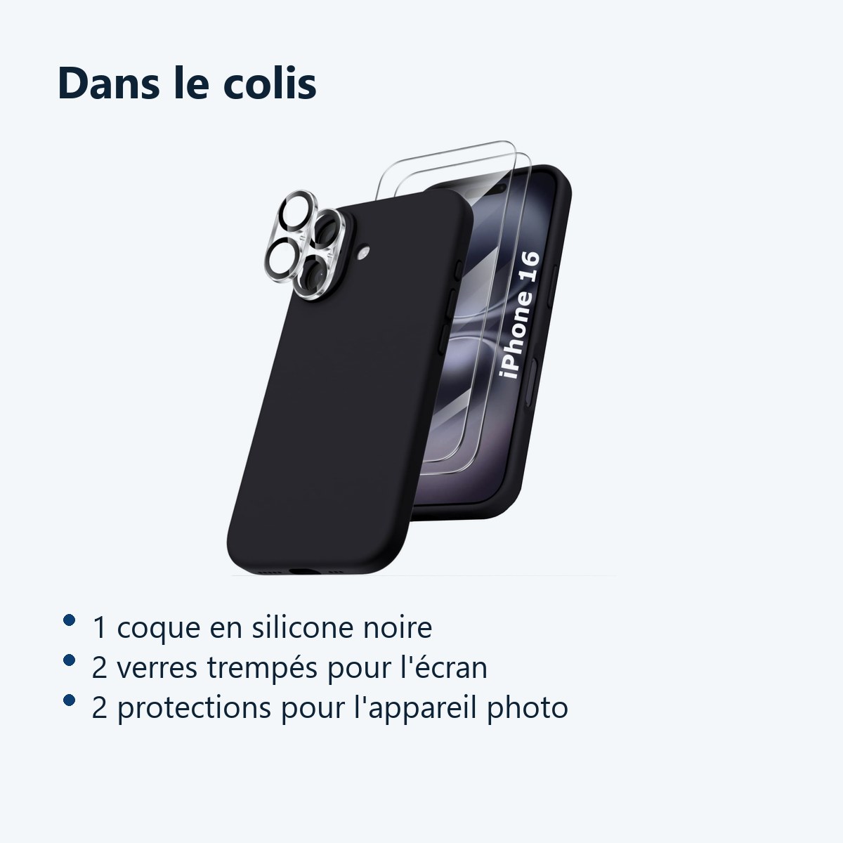 Contenu du colis – Coque Silicone Noir + Verres Trempes et Protections Camera Arriere X2 Pour iPhone 16