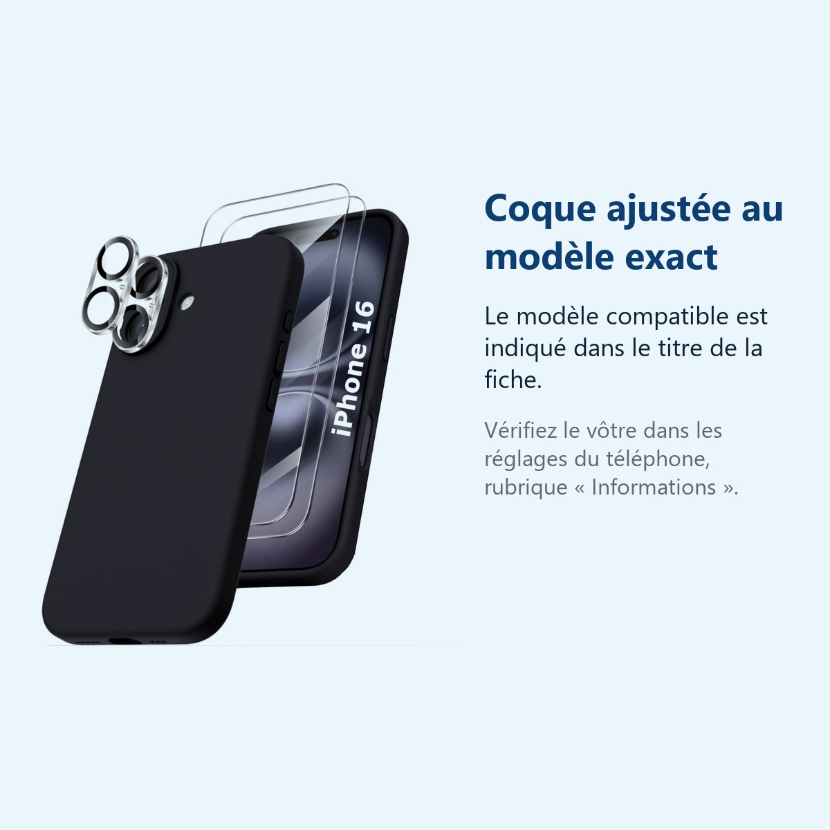 Accessoire ajusté au modèle exact – Coque Silicone Noir + Verres Trempes et Protections Camera Arriere X2 Pour iPhone 16