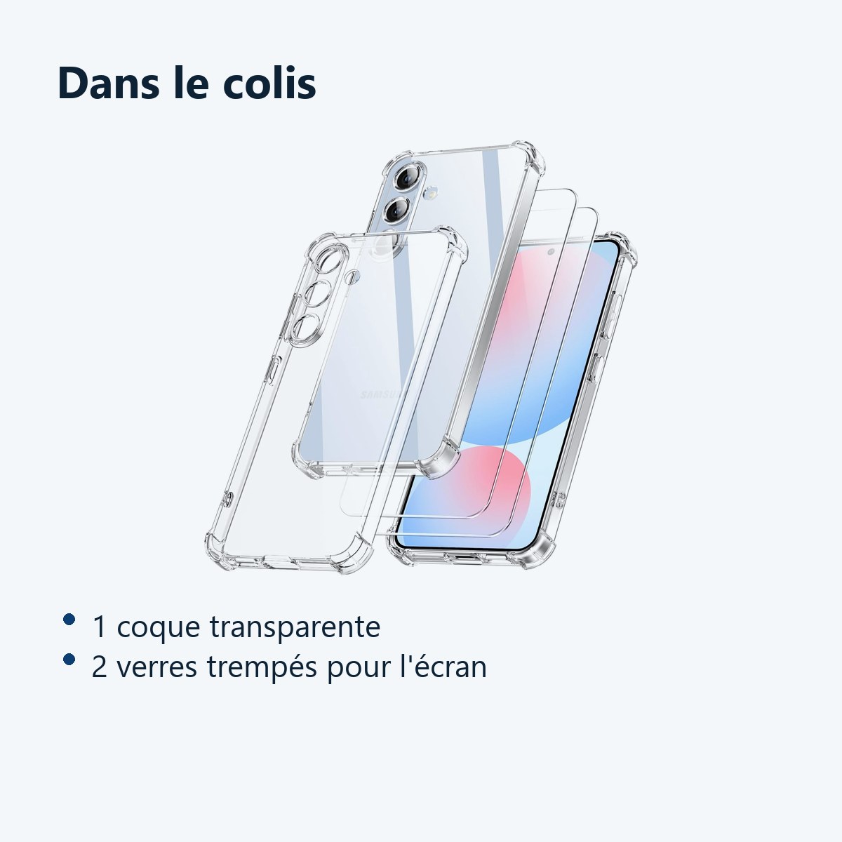 Contenu du colis – Coque Pour Samsung Galaxy S24 FE Silicone Transparente Angles Renforces + 2 Verres Trempes