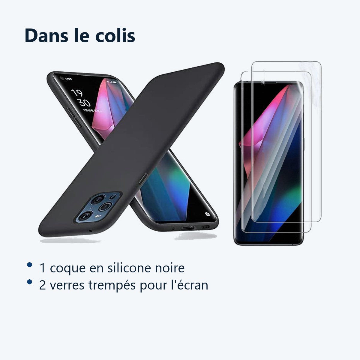 Contenu du colis – Coque Silicone Noir + 2 Verres Trempes Pour Oppo Find X3 Lite