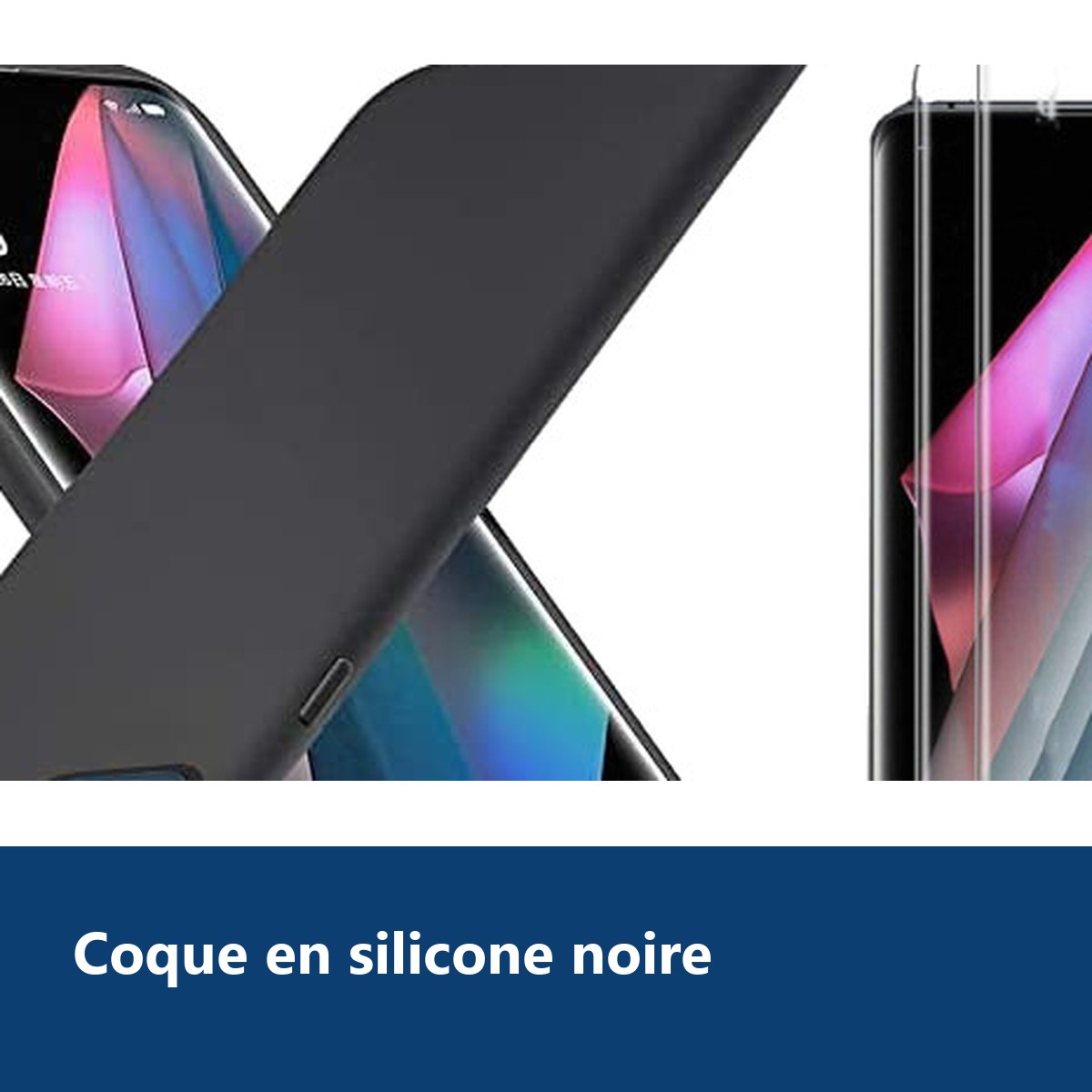 Vue de détail – Coque Silicone Noir + 2 Verres Trempes Pour Oppo Find X3 Lite