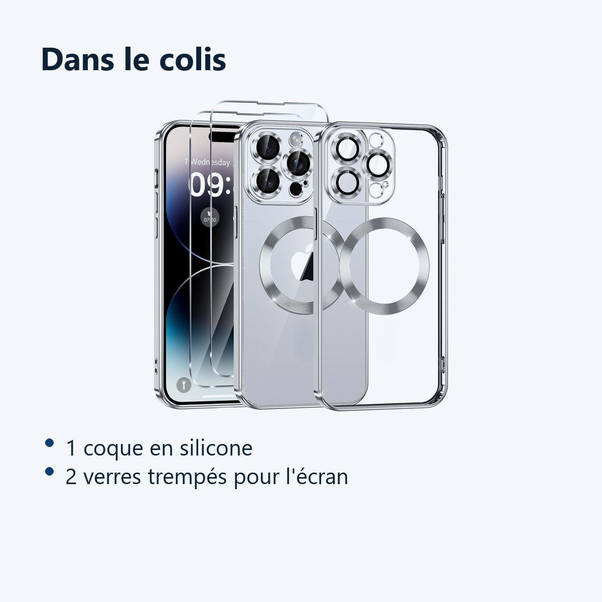 Contenu du colis – Coque Silicone Pour iPhone 14 Pro Max Couleur Argent Compatible Magsafe + 2 Verres Trempe Protection Ecran