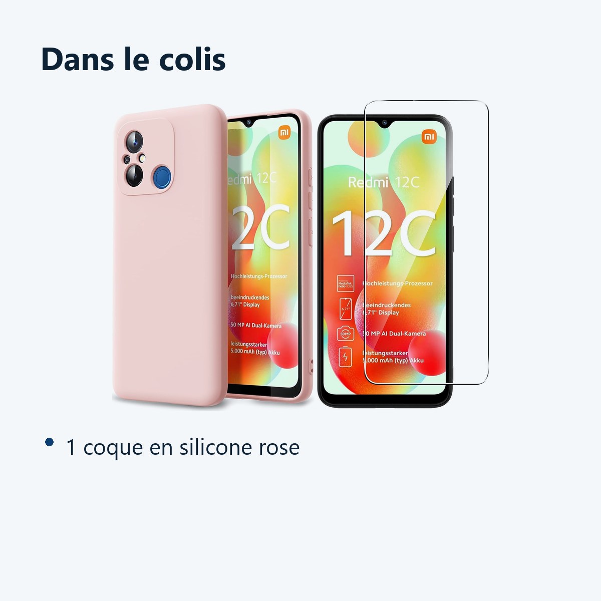 Contenu du colis – Coque Silicone Rose + Vitre Protection Ecran Pour Xiaomi Redmi 12C / 11A