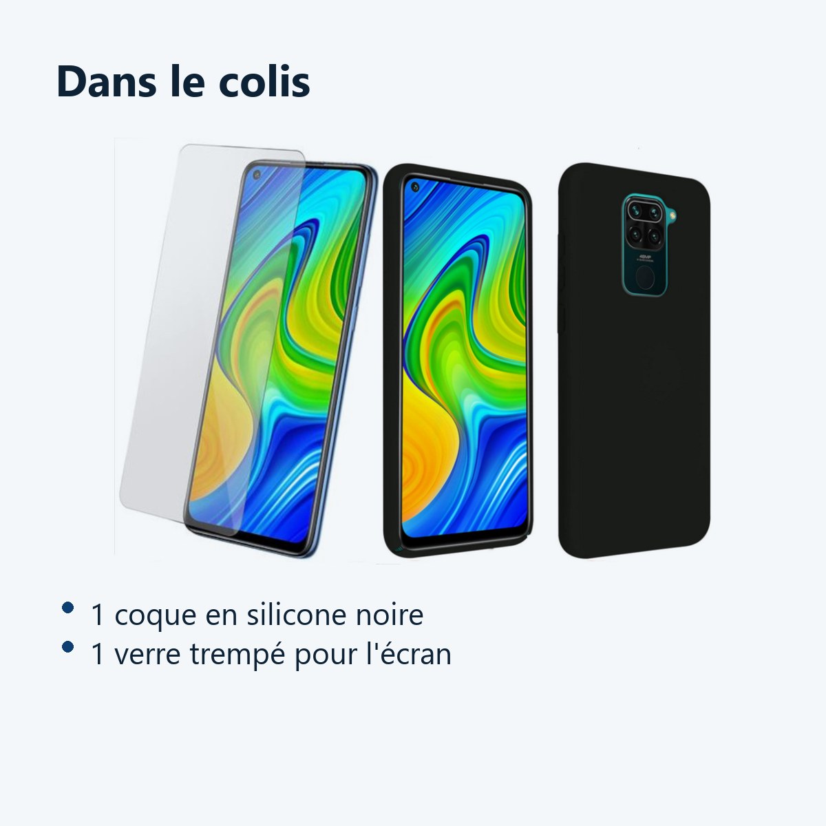 Contenu du colis – Coque Silicone Couleur Noir + Verre Trempe Pour Xiaomi Redmi Note 9S / Redmi Note 9 Pro