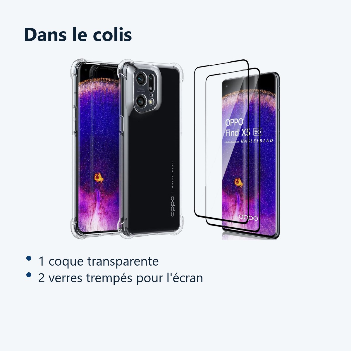 Contenu du colis – Coque Silicone Transparente Angles Renforces + 2 Verres Trempes Pour Oppo Find X5
