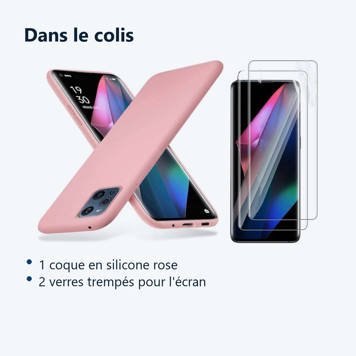 Contenu du colis – Coque Silicone Rose + 2 Verres Trempes Pour Oppo Find X3 Lite