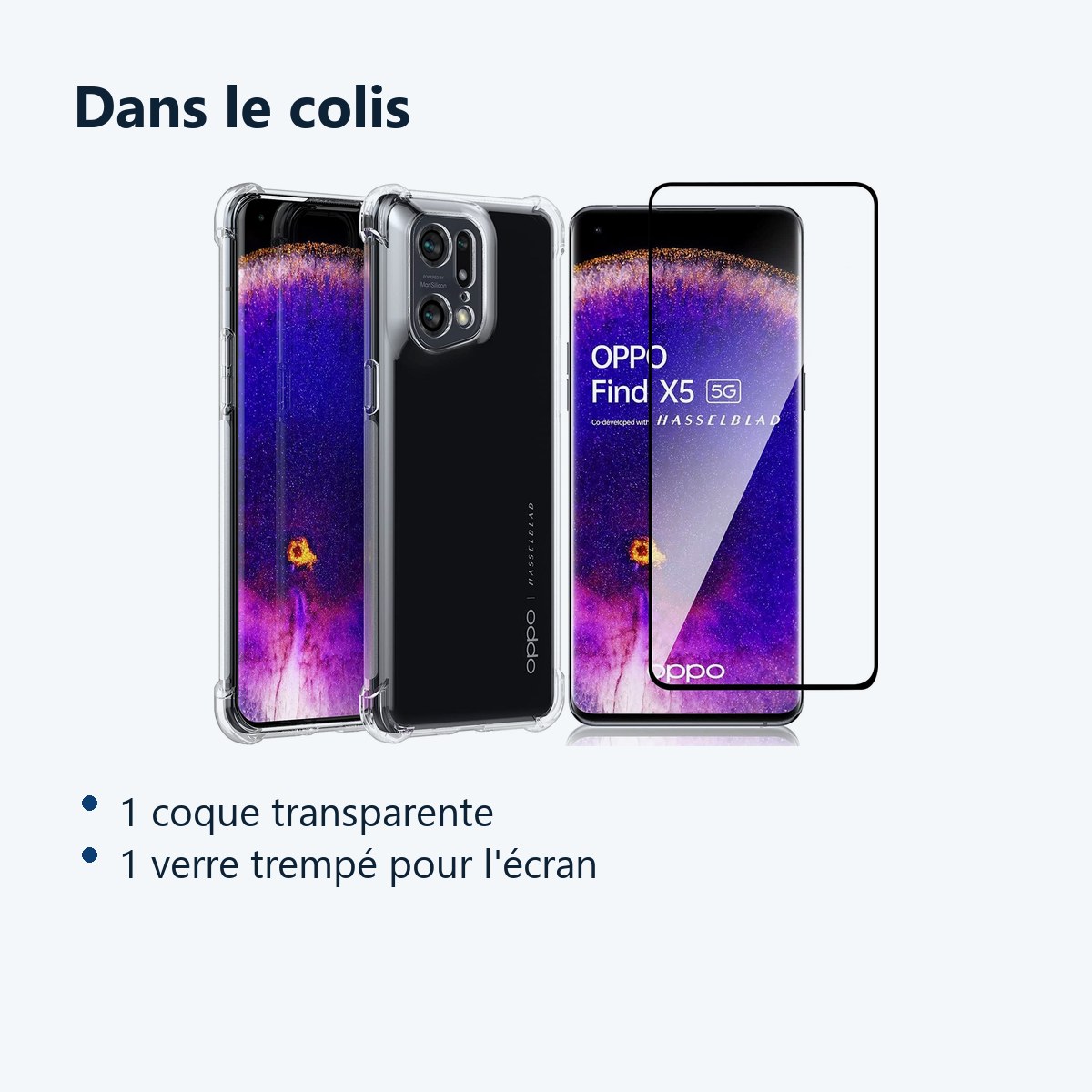 Contenu du colis – Coque Silicone Transparente Angles Renforces + Verre Trempe Pour Oppo Find X5