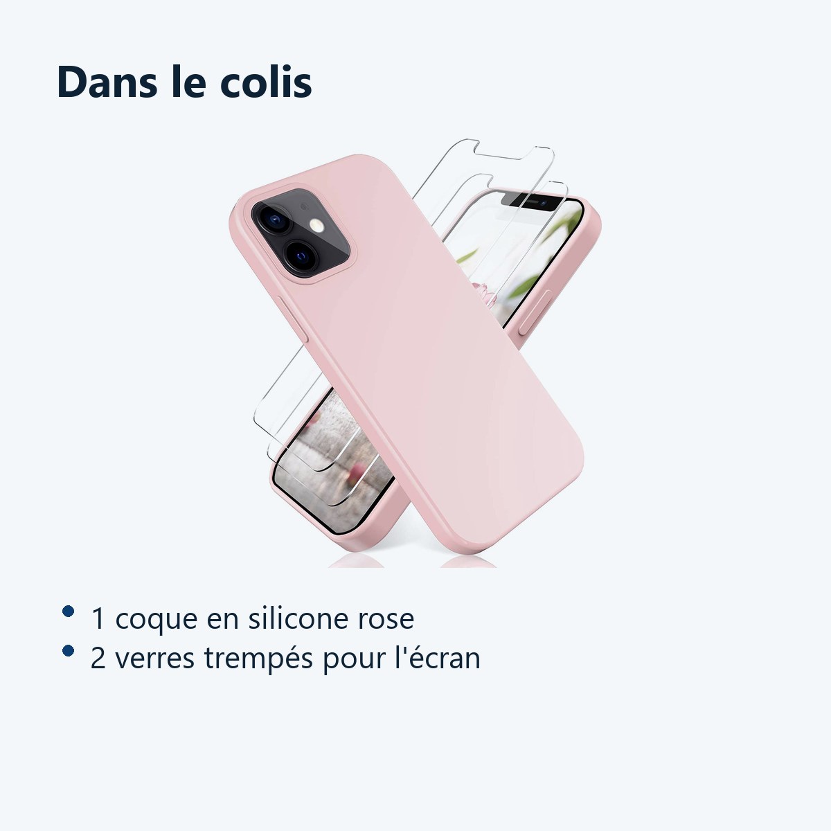 Contenu du colis – Coque Silicone Rose + 2 Verres Trempes Pour iPhone 13 Mini