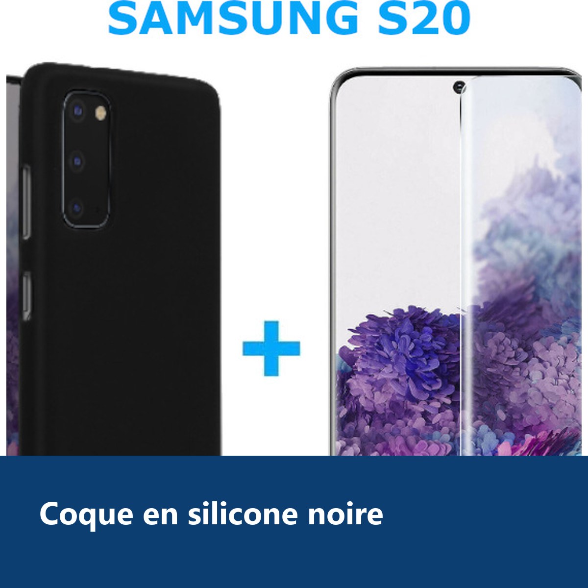 Vue de détail – COQUE SILICONE NOIR + VERRE TREMPE POUR SAMSUNG S20