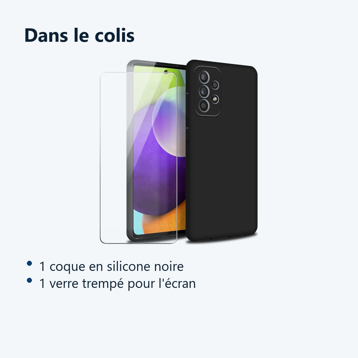 Contenu du colis – Coque Silicone Noir + Verre Trempe Pour Samsung A53 5G