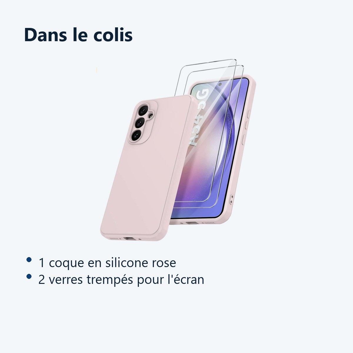 Contenu du colis – Coque Silicone Rose + 2 Verres Trempes Pour Samsung Galaxy A54 5G