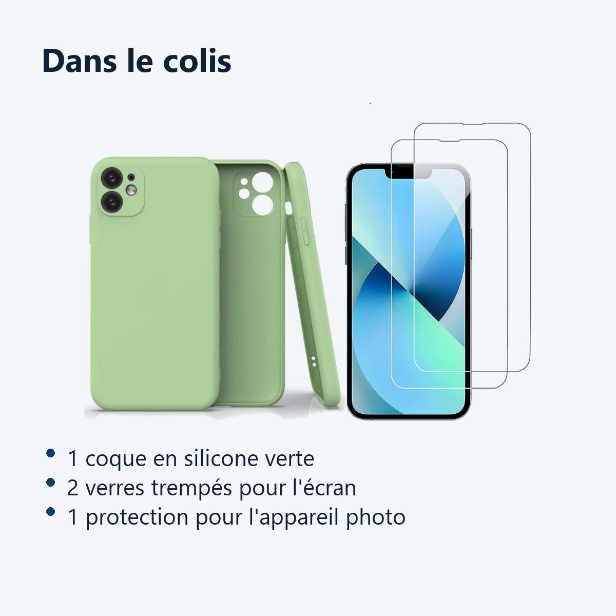 Contenu du colis – Coque Silicone Pour iPhone 12 / iPhone 12 Pro Couleur Vert Protection Objectif Appareil Photo + 2 Verres T