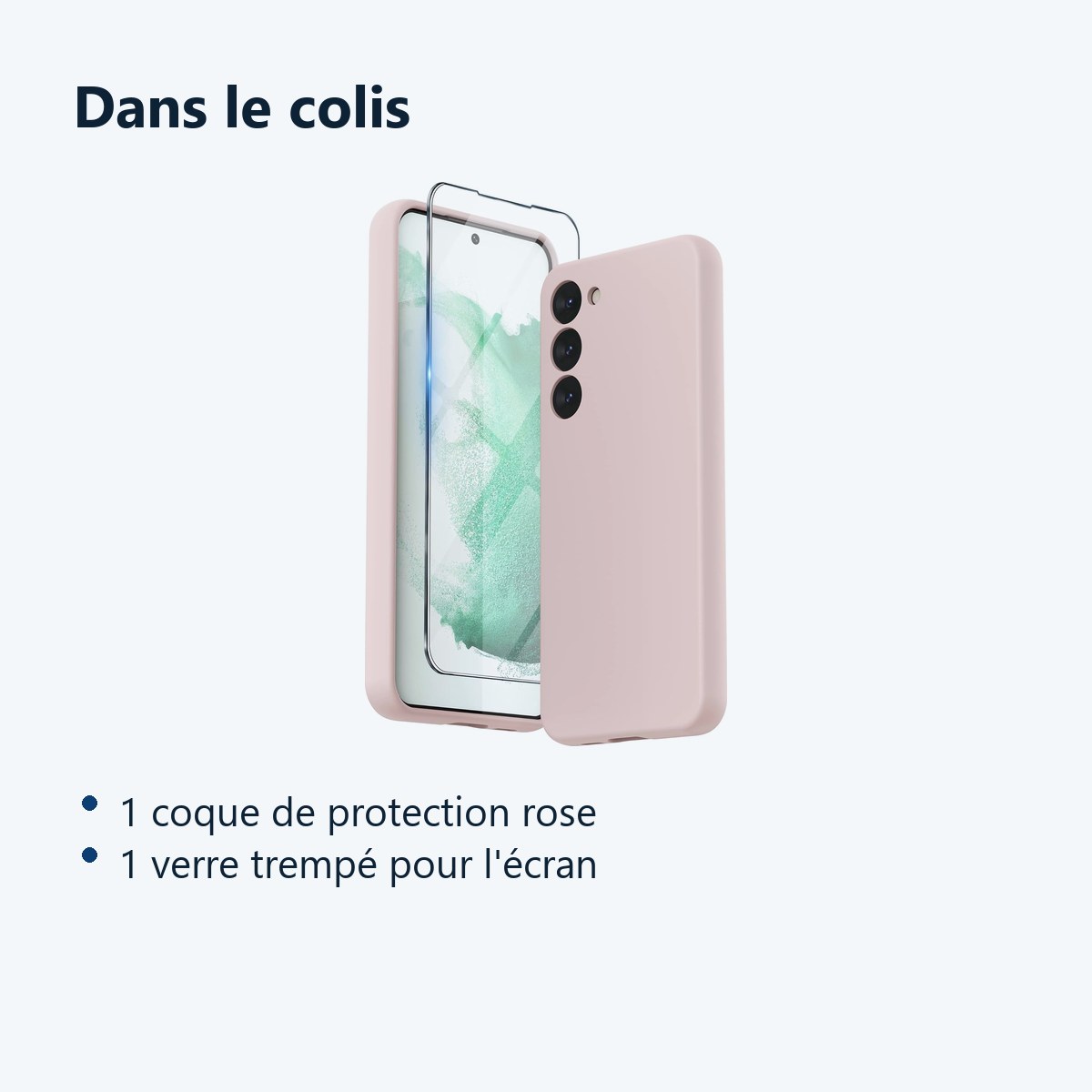 Contenu du colis – Coque Rose pour Samsung Galaxy S23 (6,1 pouces) et Verre Trempé Film Protection Ecran