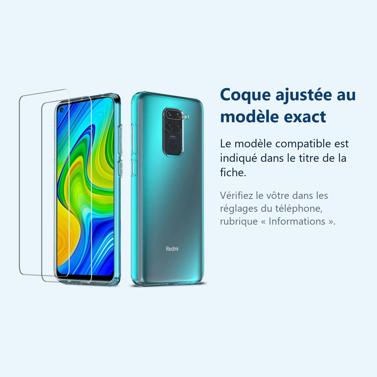 Accessoire ajusté au modèle exact – Coque Silicone + 2 Verres Trempés pour Xiaomi Redmi Note 9