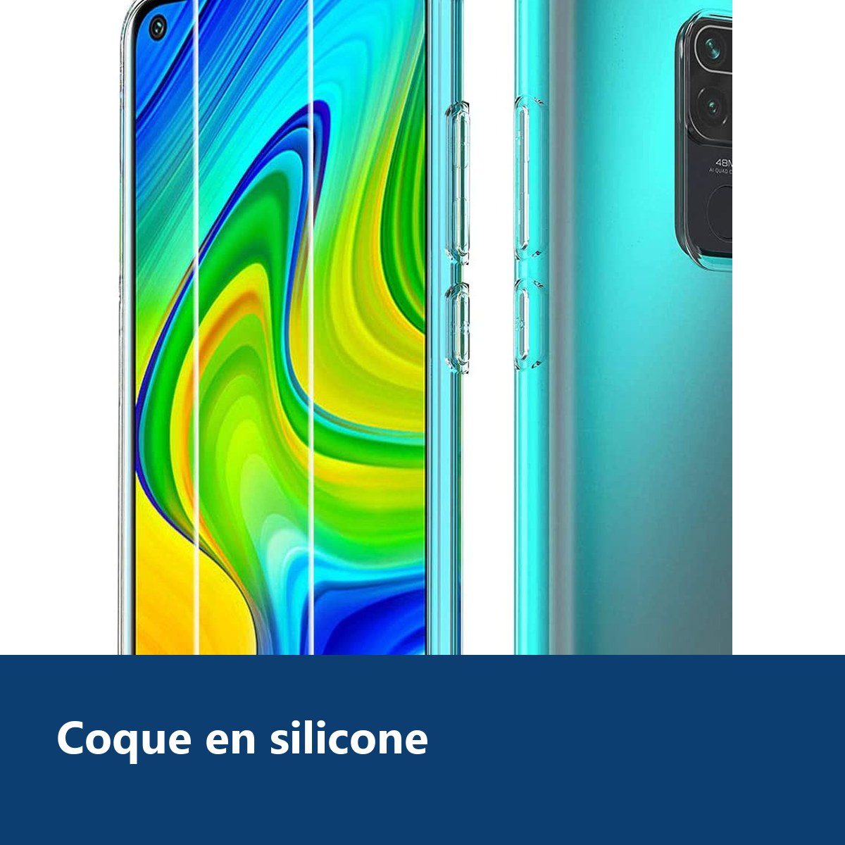 Vue de détail – Coque Silicone + 2 Verres Trempés pour Xiaomi Redmi Note 9