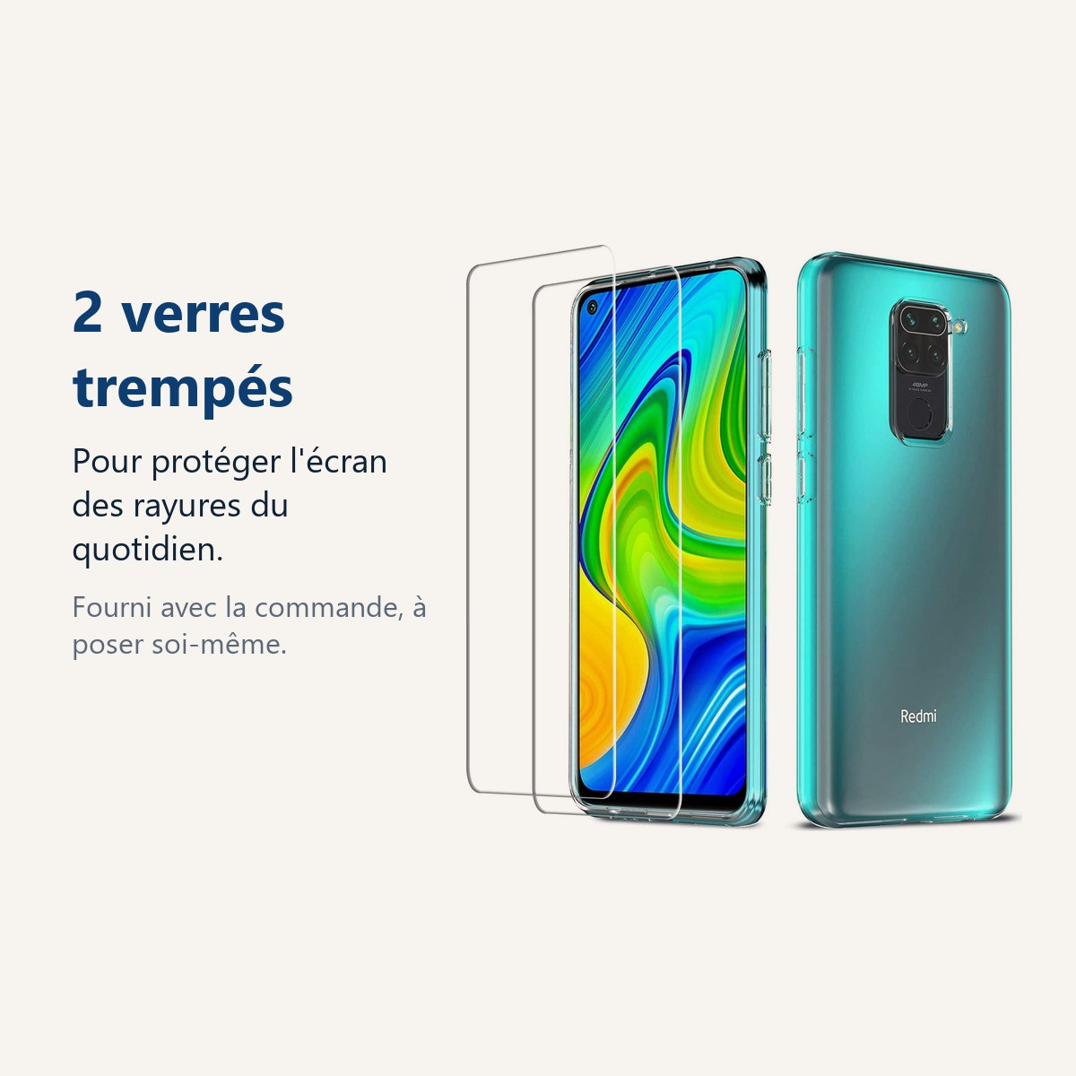 Verre trempé pour protéger lécran – Coque Silicone + 2 Verres Trempés pour Xiaomi Redmi Note 9