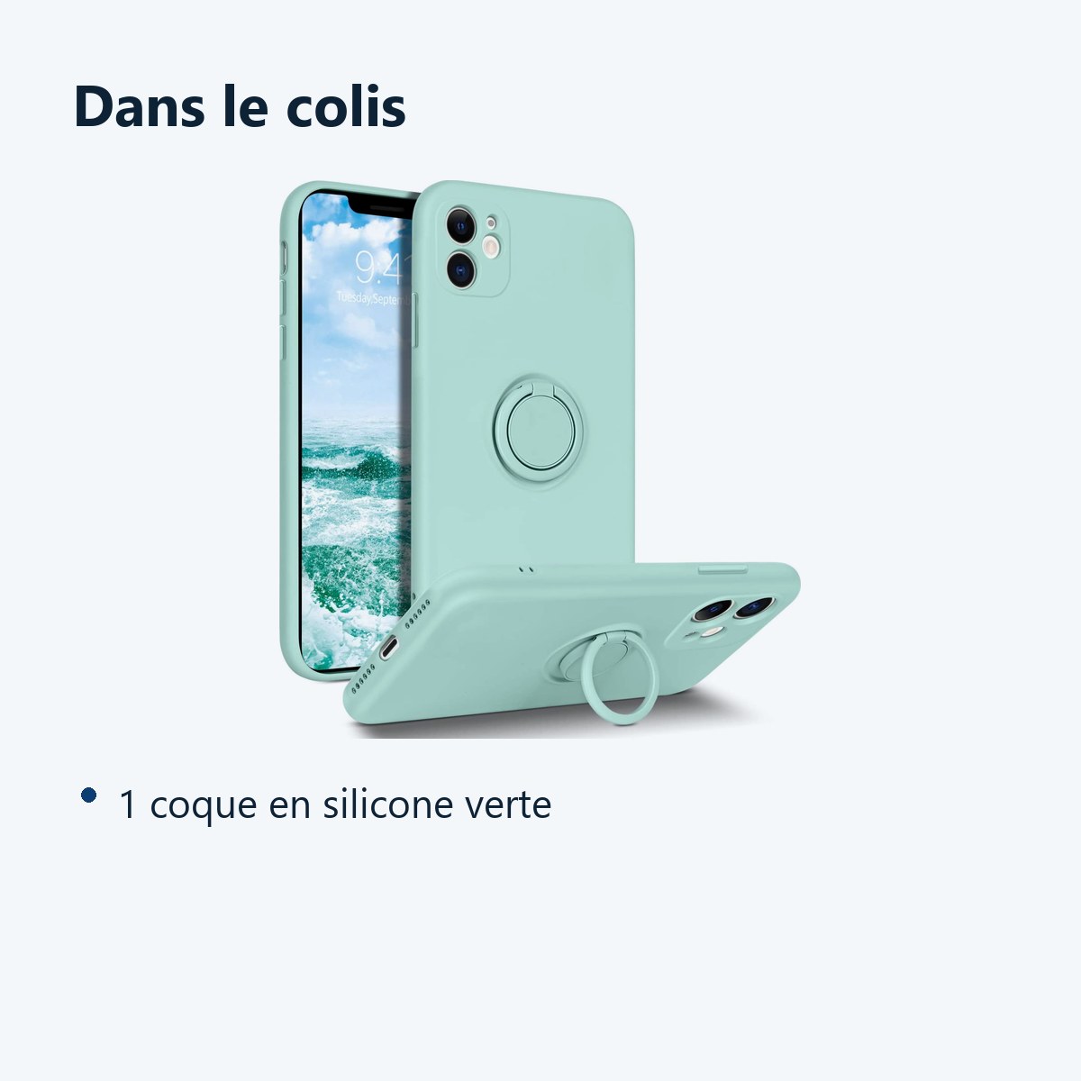 Contenu du colis – Coque Silicone Pour iPhone 13 Couleur Vert Avec Anneau Support