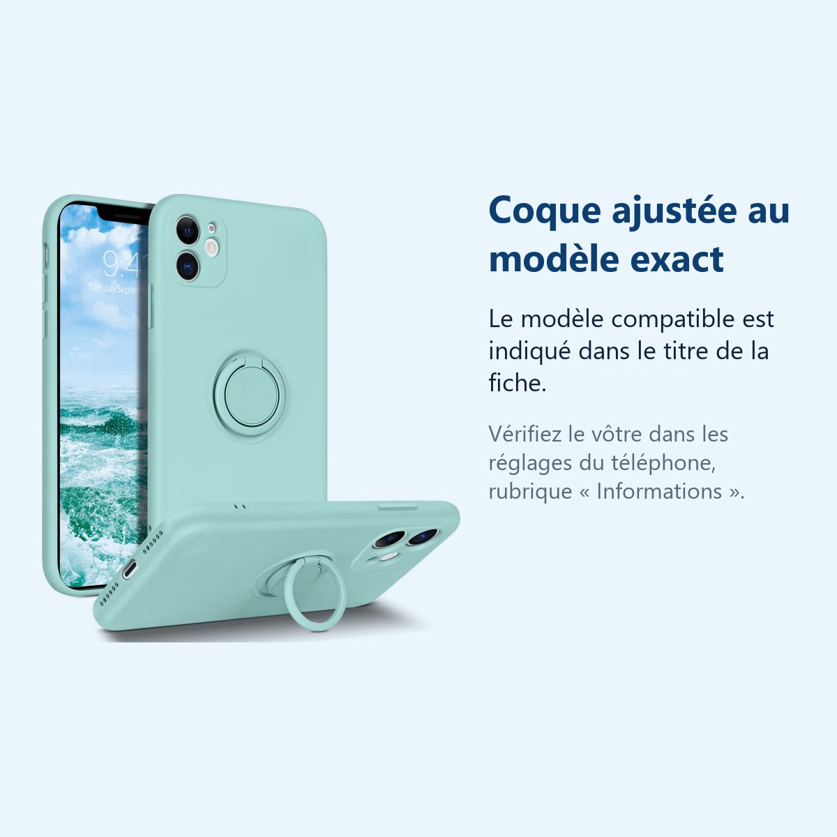 Accessoire ajusté au modèle exact – Coque Silicone Pour iPhone 13 Couleur Vert Avec Anneau Support