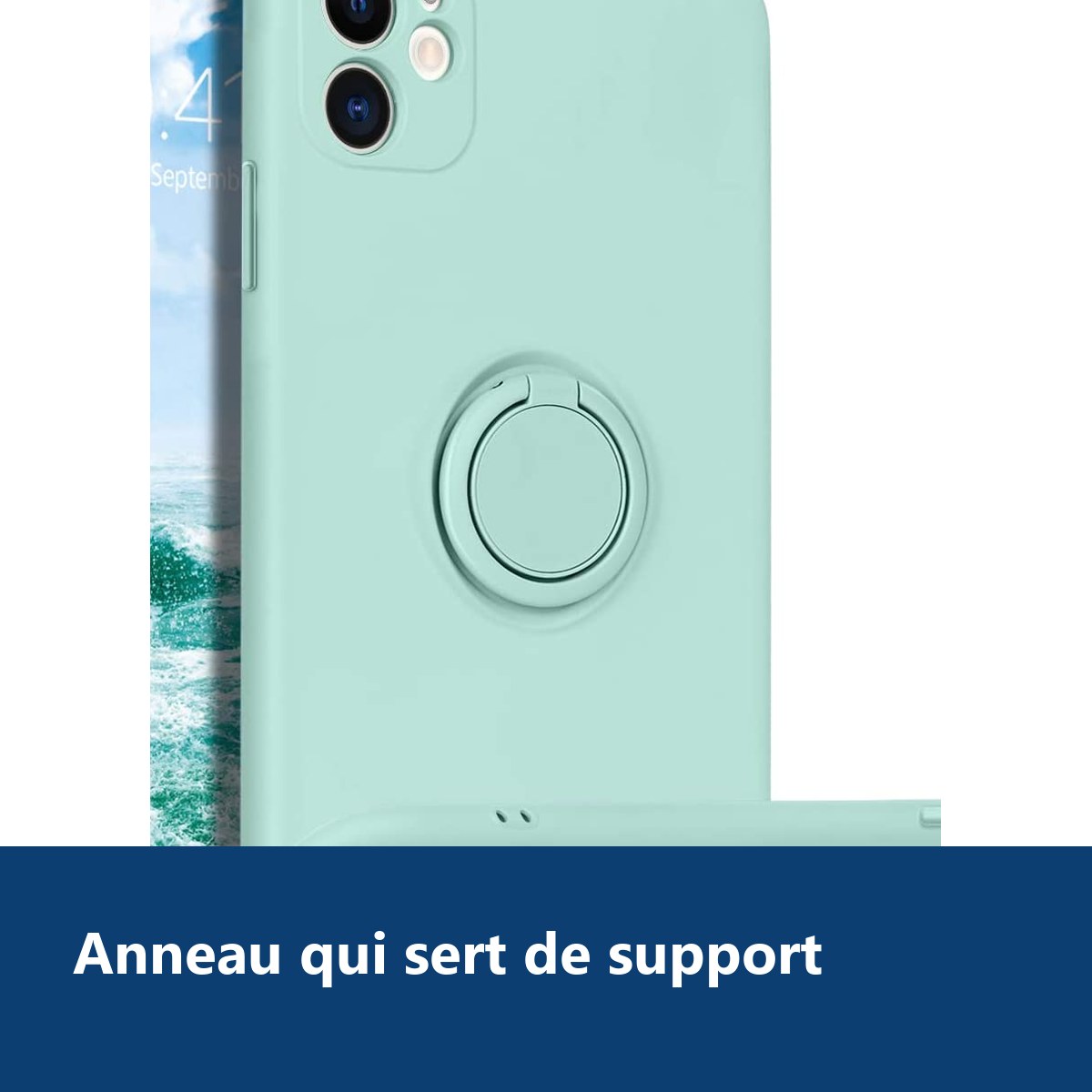Vue de détail – Coque Silicone Pour iPhone 13 Couleur Vert Avec Anneau Support