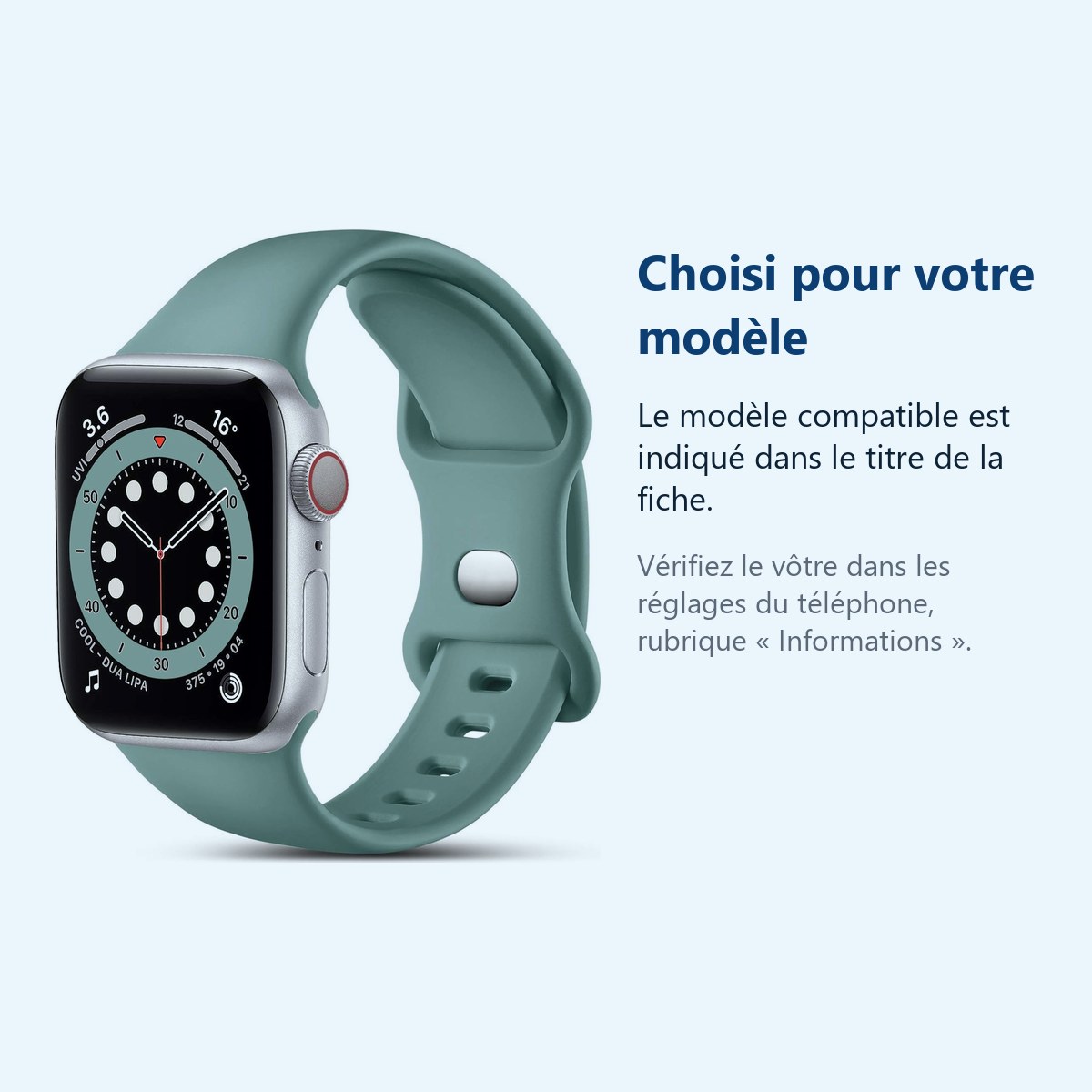 Accessoire ajusté au modèle exact – Bracelet compatible apple watch 38mm 40mm 41mm Serie 9 8 7 6 5 4 3 2 SE - Taille L - Sili