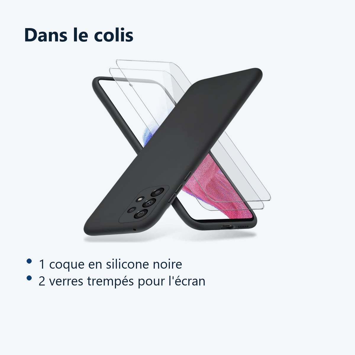 Contenu du colis – Coque Silicone Noir + 2 Verres Trempes Pour Samsung A53 5G