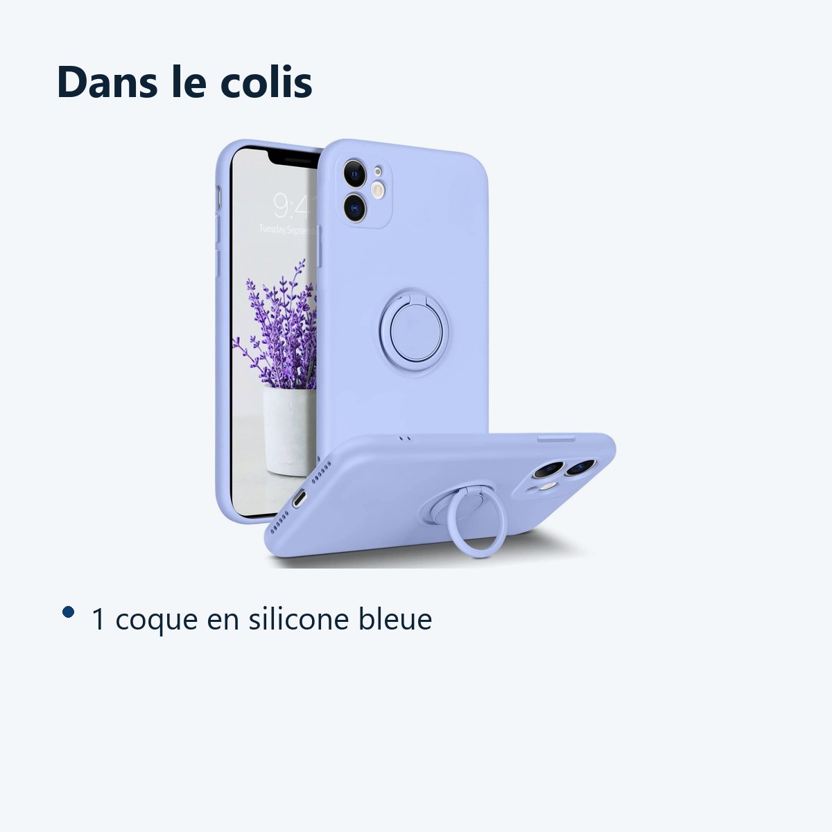 Contenu du colis – Coque Silicone Pour iPhone 13 Couleur Bleu Avec Anneau Support