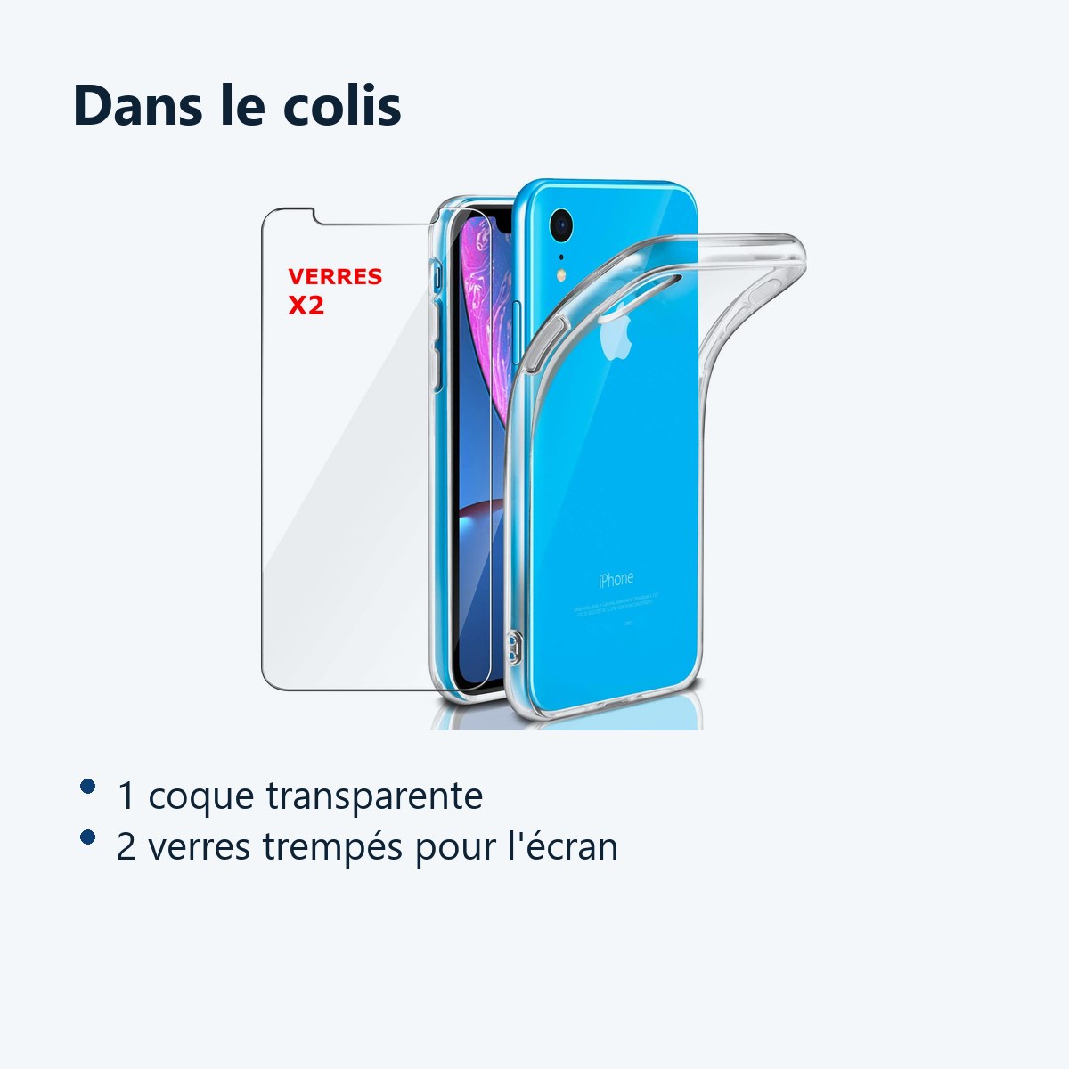 Contenu du colis – Coque Silicone Transparente Pour iPhone Xr + 2 Verres Trempe -