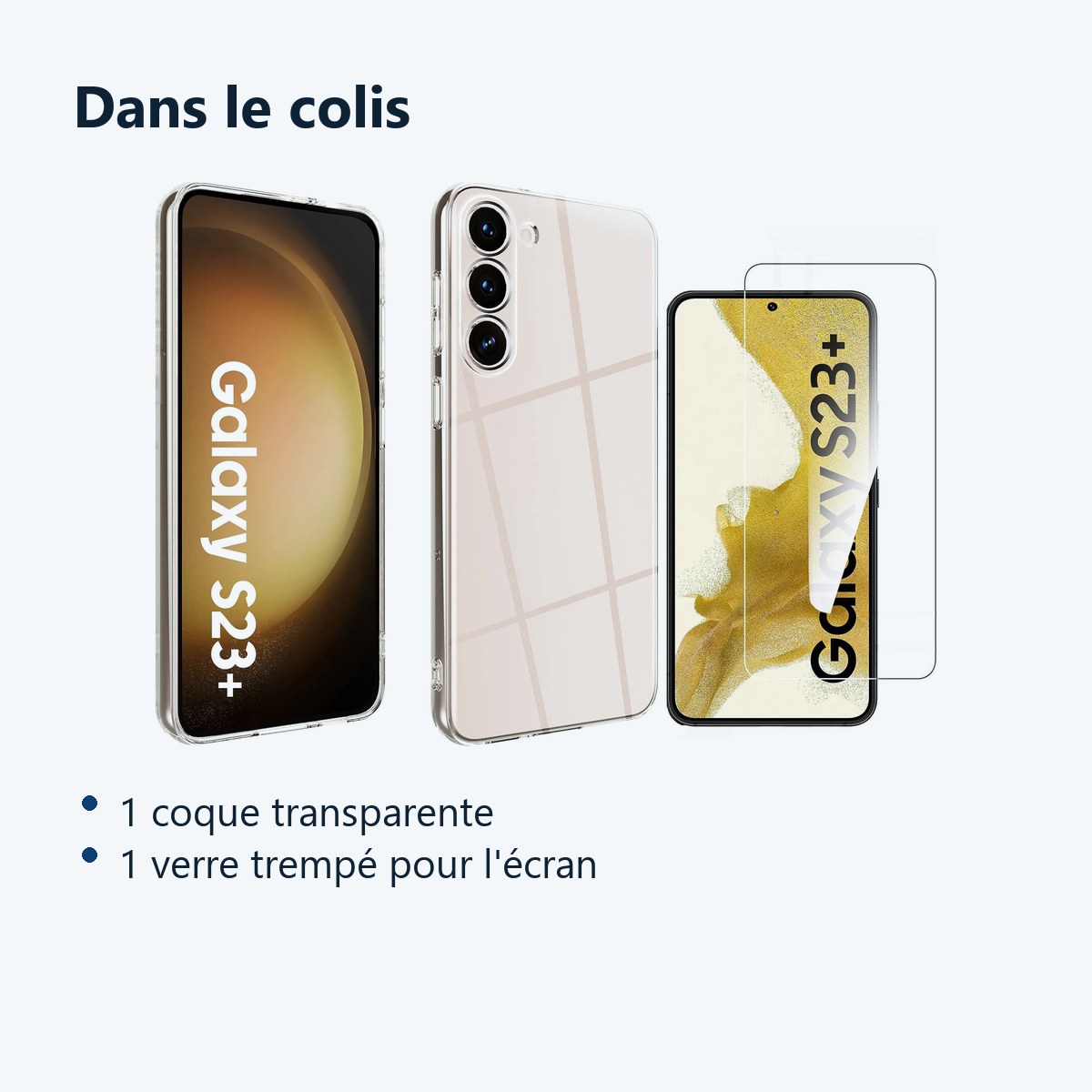Contenu du colis – Coque Transparente pour Samsung Galaxy S23 Plus (6,6 pouces) et Verre Trempé Film Protection Ecran