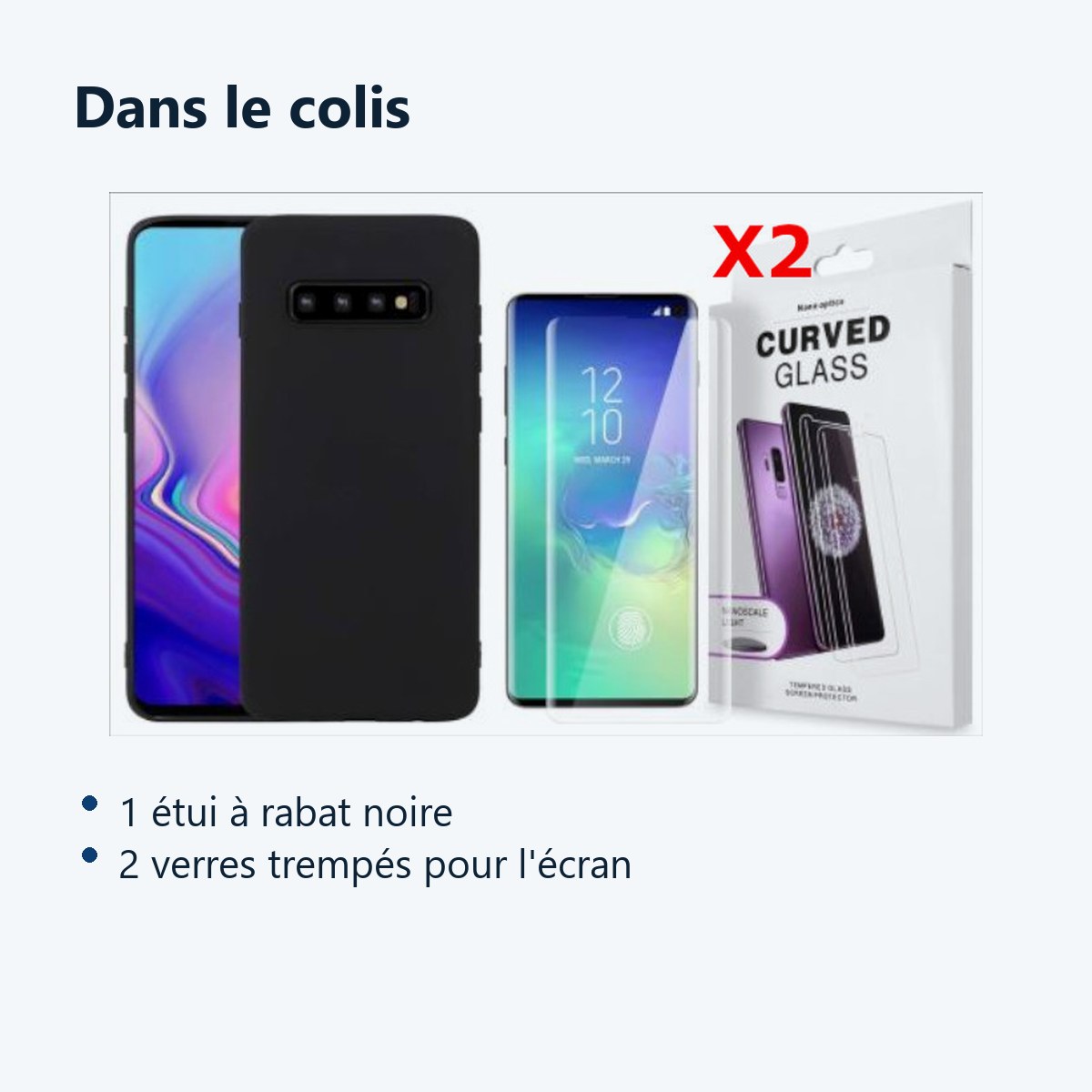 Contenu du colis – Coque Silicone pour Samsung S10 Plus Etui de Protection Noir Antichoc + 2 Verres Trempes
