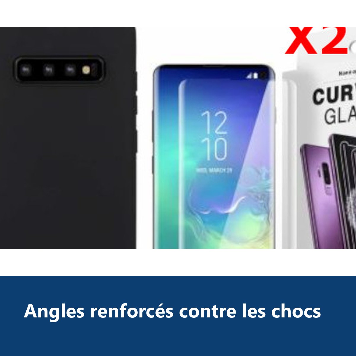 Vue de détail – Coque Silicone pour Samsung S10 Plus Etui de Protection Noir Antichoc + 2 Verres Trempes