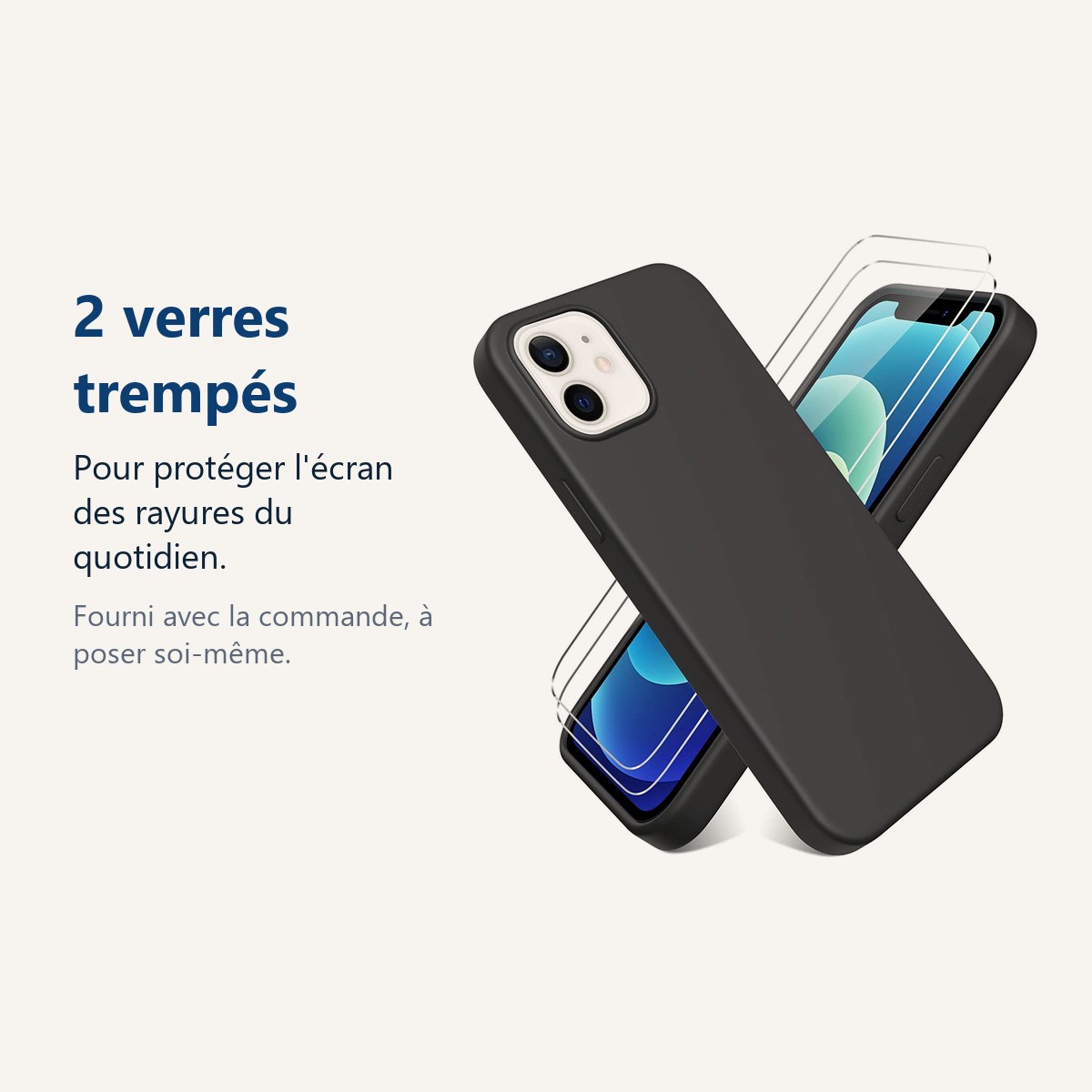Verre trempé pour protéger lécran – Coque Silicone Couleur Noire + 2 Verres Trempes Pour iPhone 12 Mini