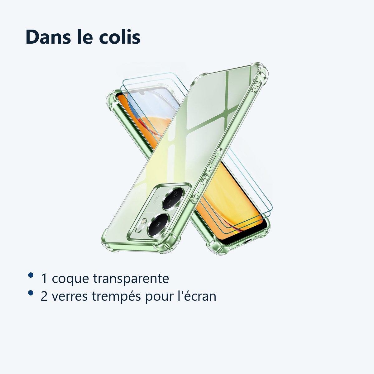 Contenu du colis – Coque Pour Xiaomi Redmi 13C / Poco C65 Silicone Transparente Angles Renforces + 2 Verres Trempes