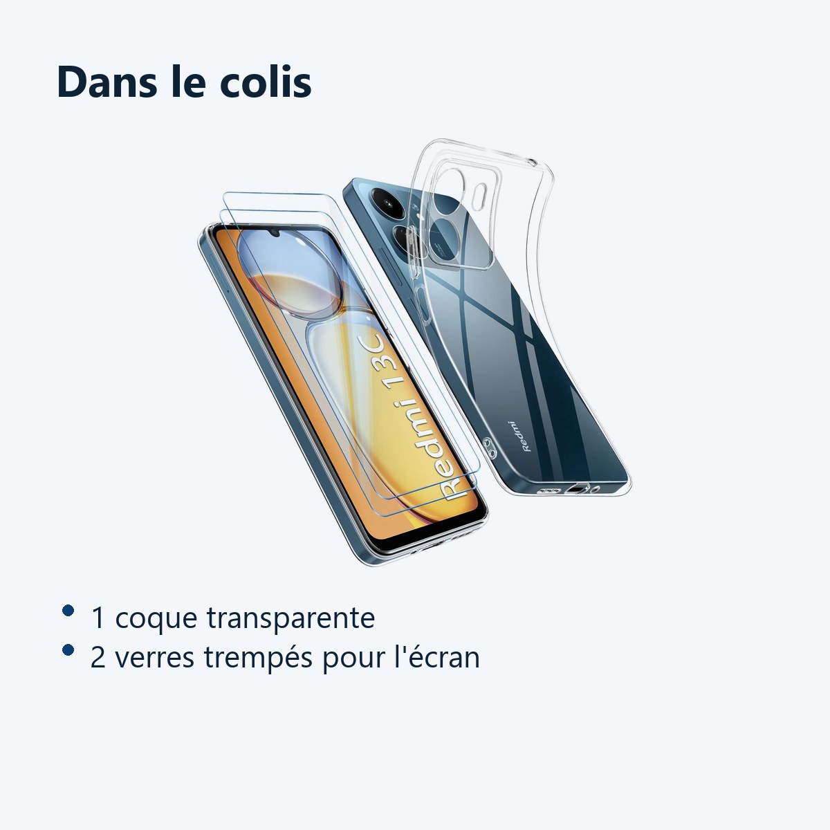 Contenu du colis – Coque Silicone Transparente + 2 Verres Trempes Pour Xiaomi Redmi 13C / Poco C65